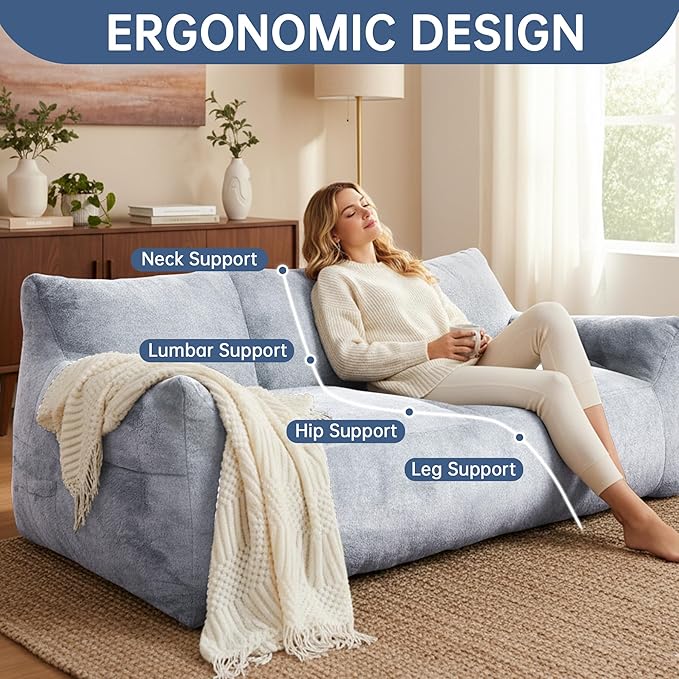 Faux Fur Loveseat Couch Oversized Lounge Sofa for Adults Fluffy Lazy Sofa with Soft Stuffed Filling Big Comfy Couch Boneless Couches for Living Room Bedroom Light Gray Blue