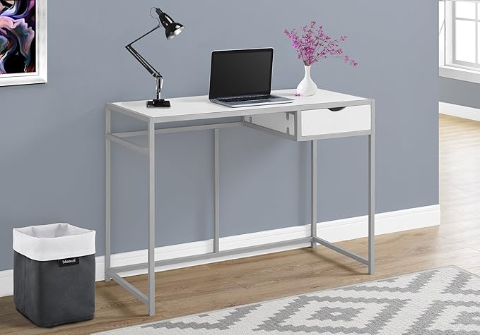 Computer Desk Home Office Laptop Storage Drawer 42 l Work White Laminate Black Metal Contemporary Modern