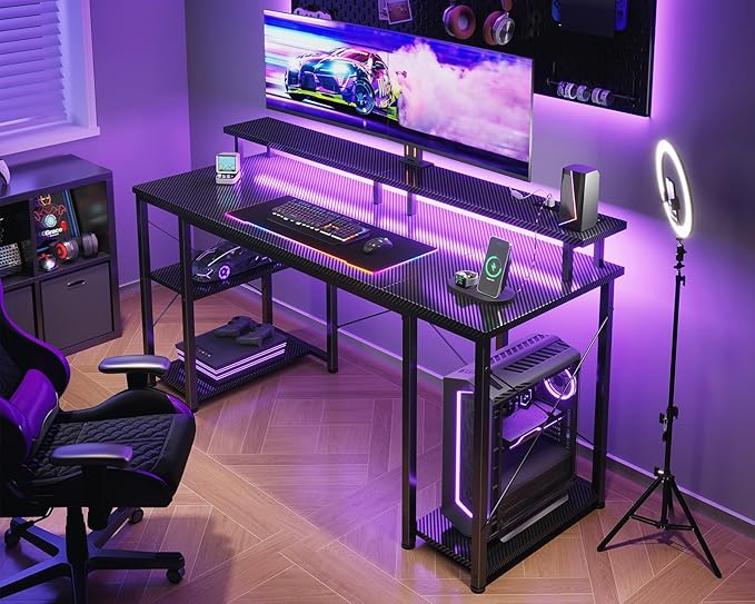 ODK 55 Inches Gaming Desk with LED Lights Computer Desk with Monitor Stand Pc Table with CPU Stand Carbon Fiber Black