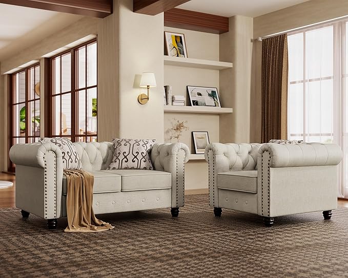 Morden Fort 2 Piece Classic Chesterfield Sofa Set Tufted Chair &amp Loveseat Furniture Solid Wood Legs Thick Cushion Pet-Friendly Couch Set for Living Room Bedroom Apartment Linen Beige