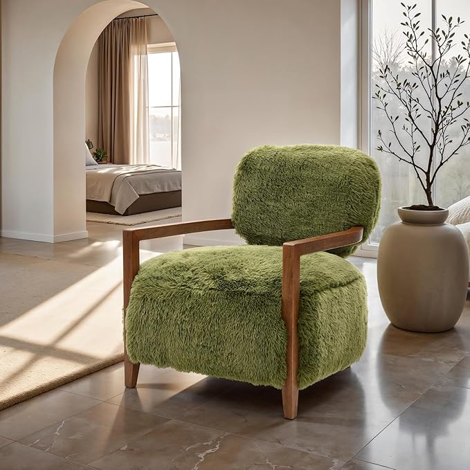 Modern Luxury Reading Chair with Wooden HandrailComfortable Faux Fur Side Chair Accent Chair for ApartmentLiving RoomOfficeStudyGreen.