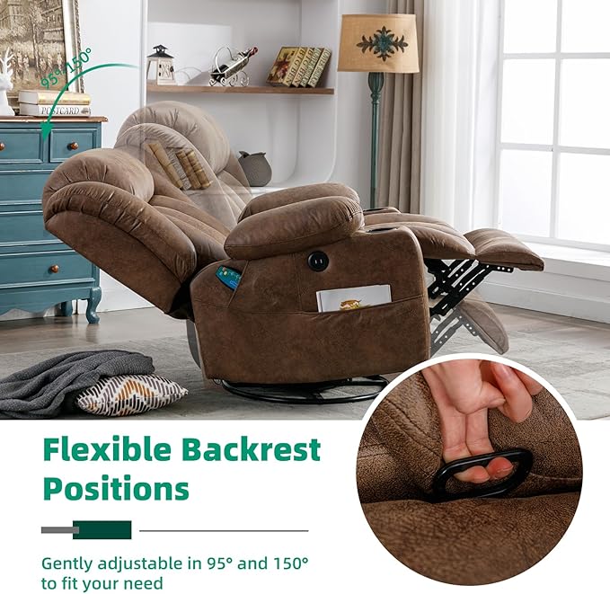 VIVIJASON Swivel Rocker Recliner Chair with Heat &amp Vibration Manual 360° Swivel Glider Overstuffed Reclining Chair with 2 Cup Holders Side Pockets &amp USB Ports for Living Room Brown