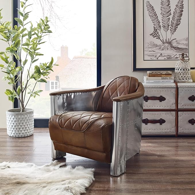 Zouron Genuine Leather Living Room Chair Mid Century Modern Single Sofa Chair in Aluminum Vintage Barrel Accent Chair for Living Room Bedroom Home Office Cognac