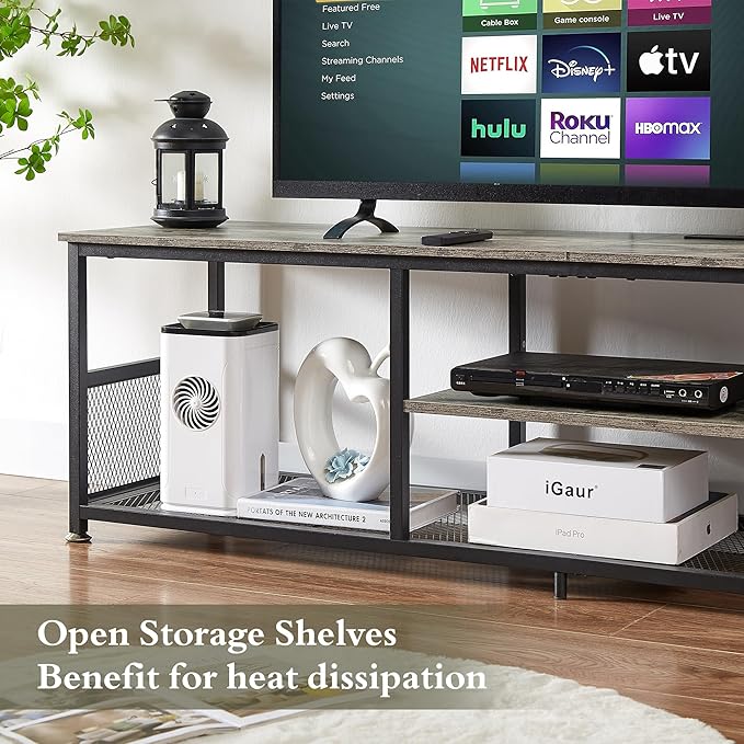 VECELO TV Stand with Power Outlets for Televisions up to 75Inch 62 Media Entertainment Center with Charging Station 3-Tier Open Storage Shelves with Metal Frame for Living Room/BedroomGrey