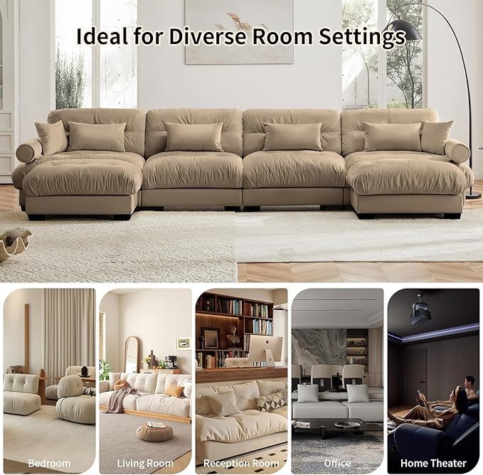 130 Large Sectional Couches for Living Room Cloud Modern Modular Deep Seat Sofa Set Comfy Couches Velvet Fluffy 3 Seater Sofa Set for Bedroom Apartment Taupe