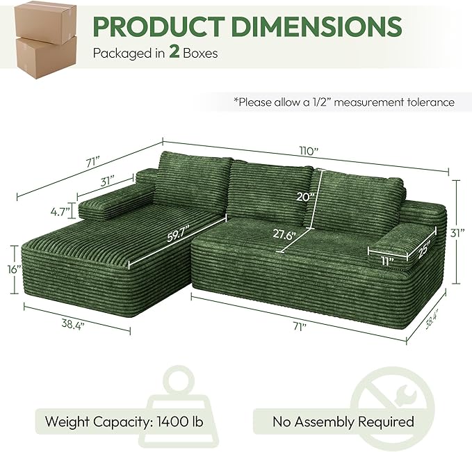 Yaheetech 110 Modular Sectional Sofa Corduroy Boneless Couch with Chaise L-Shape Cloud Couch with Detachable Pillows No Assembly Sofa for Living Room Green