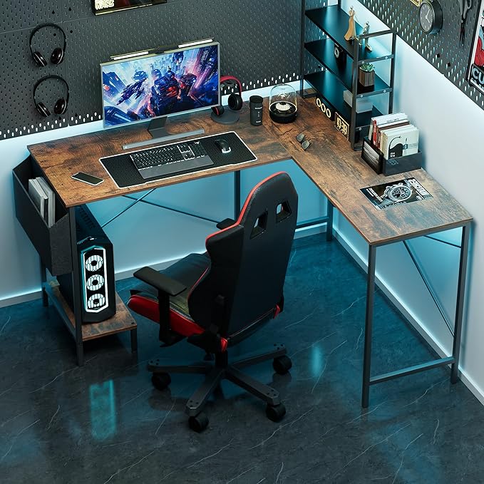 L Shaped Desk - 50 Reversible Home Office Computer Desk Wood Top Metal Frame Side Bag Sturdy Gaming Desk Corner Table for Work Writing and Study Space-Saving