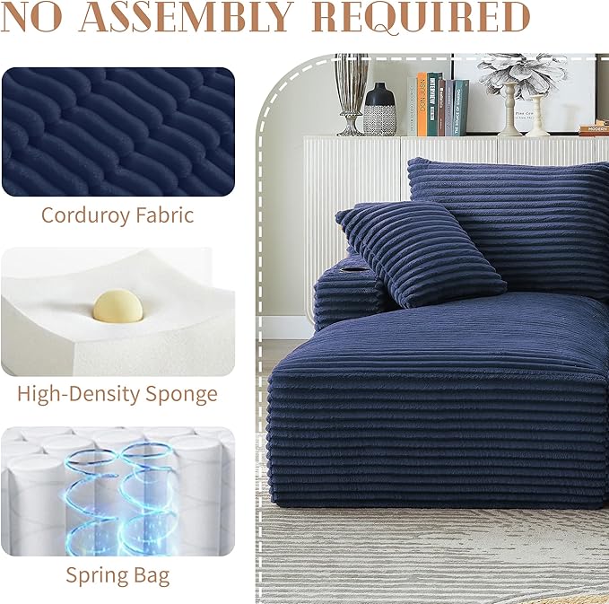 Double Chaise Lounge Sofa Boneless Cloud Couch Bed with Cup Holders and Side Pockets Comfy Deep Seat Sleeper Sectional Loveseat Chair for Living Room (Blue 2 Seat)