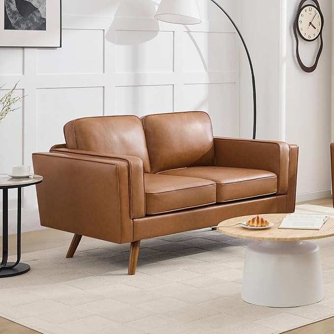 Kingfun Modern Loveseat Sofa for Living RoomFaux Leather Loveseat Dual-Layer Armrests Removable Cover Spring Cushions Solid Wood Frame Easy Assembly for Small Spaces (62.2inchLight Brown)