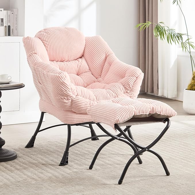 Lazy Chair with Ottoman Comfy Lounge Chair for Reading Relaxing and Napping Perfect for Living Room Bedroom or Office Pink
