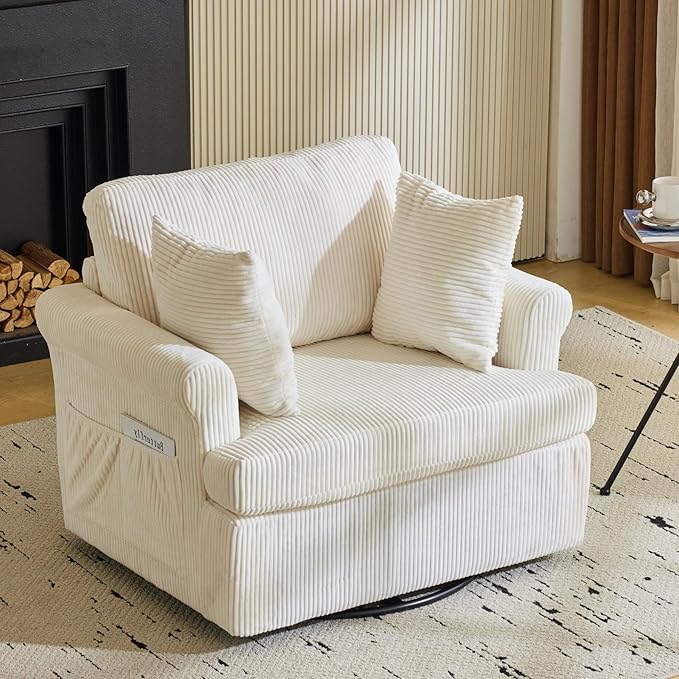 39 Oversized Armchair360°Swivel Accent ChairComfy Upholstered Corduroy Chairs W/2 Pillows and 2 Side PocketsModern Side Reading Seat for Living RoomBedroom and Office (Beige)
