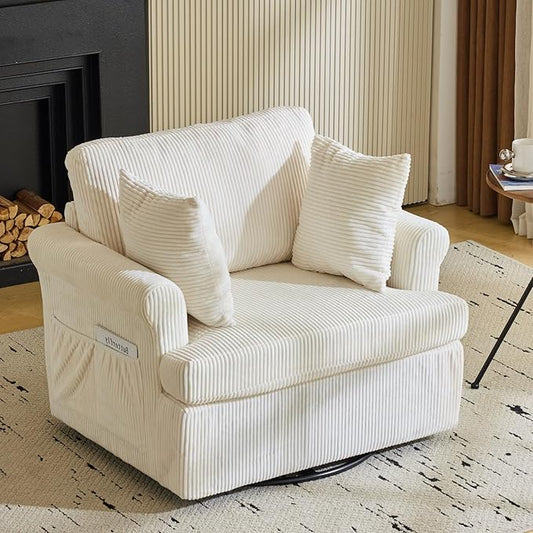 39 Oversized Armchair360°Swivel Accent ChairComfy Upholstered Corduroy Chairs W/2 Pillows and 2 Side PocketsModern Side Reading Seat for Living RoomBedroom and Office (Beige)