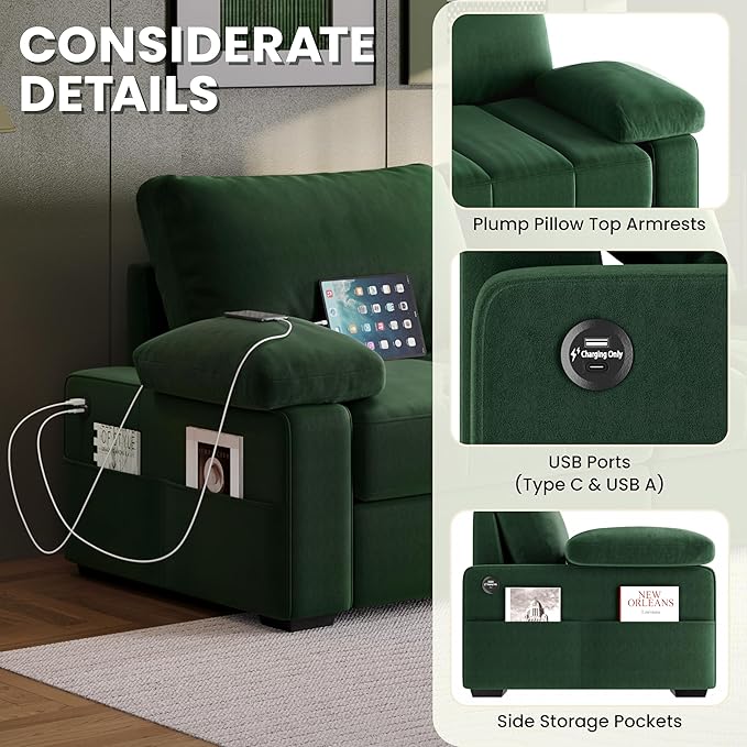 Yaheetech 79 Velvet Modern Sofa Couch with Storage Pockets and USB Ports 2 Seater Comfy Loveseat Sleeper with Removable Armrest Pillow &amp Cover for Living Room Apartment Bedroom Green