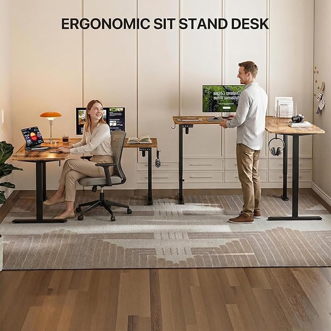 Grandder L Shaped Standing Desk Adjustable Height Electric Standing Corner Desk 63 Inch Sit Stand Computer Table with Splice Board Rustic Brown