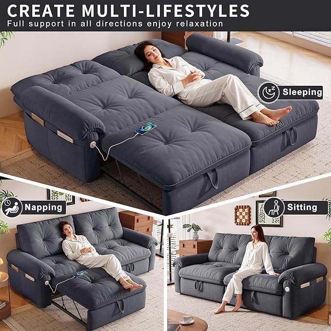 77 Queen Size Sofa Bed Loveseat Sleeper Sofa with Pull Out Bed Pockets and USB Velvet Fabric 2 Seater Convertible Small Couch for Living Room Bedroom Apartment Grey