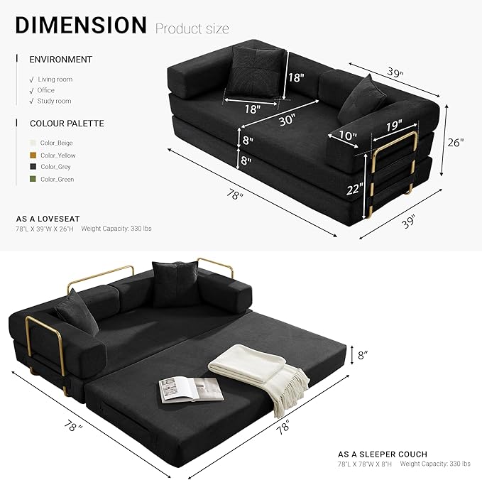 78 Convertible Sleeper Sofa Bed Corduroy Folding Sofa Bed with Fixed-Shape Frame Fold Out Floor Mattress Couch Lazy Compression Sofas for Living Room Bedroom No Assembly Required Black