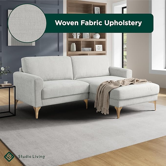 Studio Living® Matthew 83.5 Sofa Chaise Mid-Century Modern Pocket Coil Comfort Reversable Chaise Metal Brushed Bronze Legs Chenille Fabric Ivory