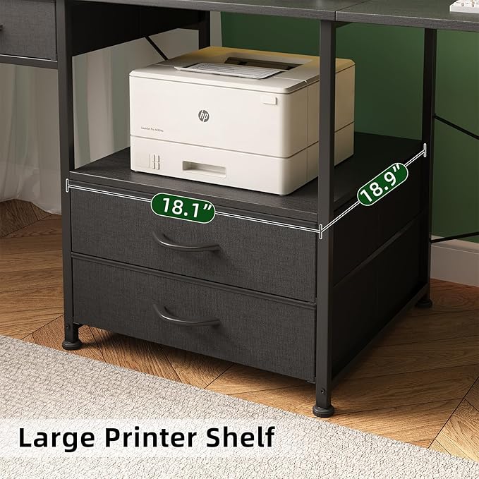 L Shaped Desk with 4 Fabric Drawers 78.7 Home Office Desk with Printer Storage Shelf &amp Power Outlet Two Person Desk with Monitor Shelf Corner Computer Desk Gaming Desk with Led Lights Black
