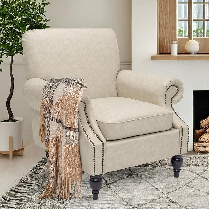 Accent Chair22.4 Seat Depth Living Room Chair36.6W*34.3D*34.6H Armchair with Roll Arms and Wood LegsSet of 2Faux Leather in Khaki