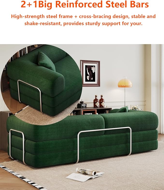 Convertible Sleeper Sofa Bed with Cylindrical Pillow 79 Inch Oversized Corduroy Upholstered Boneless CouchLove Seat Floor Sofas Living RoomSmall Space ApartmentOffice (Green)