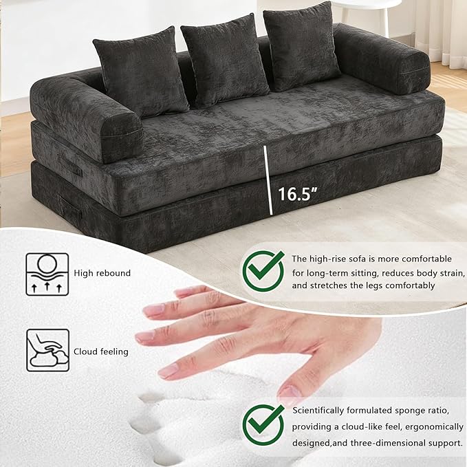 79 Inch 4-in-1 Convertible Sofa Bed Boneless Couches Chenille Folding Sleeper with Pull Out Bed Floor Futon Modular Lounge Loveseat compressed sofa No Assembly Required for Living Room (Black)