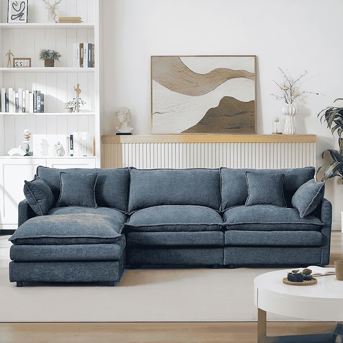 Homy Casa 102 Inch L Shaped Couch Set3-Seat Sectional Sofa with Chaise Comfortable Chenille Fabric Removable Cushions Ottoman DIY CombinationModern Design for Living/Family Room (Blue)