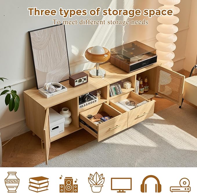Rattan TV Stand for 70 Inch TV 63 Modern Entertainment Center with LED Light &amp Storage Shelves 2 Drawers and Cabinets Rattan Door Boho TV Stand with Outlet for Living Room Wood
