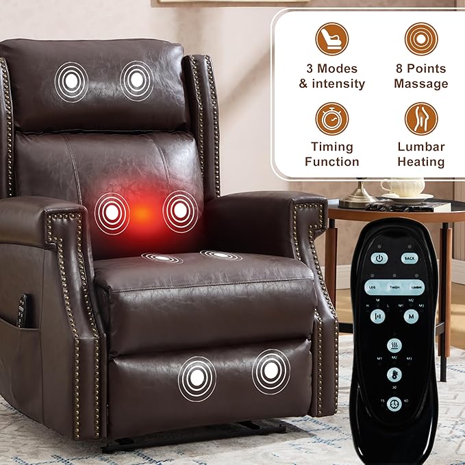 Manual Recliner Chair Faux Leather Push Back Recliners with Vibration Massage Lumbar Heat Living Room Single Sofa Reclining Rivet Design Chair Red Brown