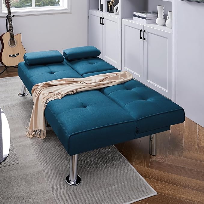 Yaheetech Convertible Sofa Bed Adjustable Fabric Couch Sleeper Modern Recliner Reversible Loveseat Folding Daybed Guest Bed Removable Armrests Cup Holders 3 Angles 772lb Capacity Aqua Blue