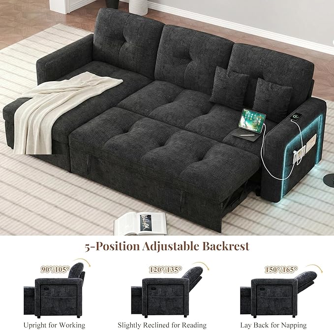 HIFIT 81 LED Sectional Sleeper Sofa with Pull Out Couch Bed Convertible L Shaped Couch with Storage &amp USB &amp Adjustable Backrest &amp 2 Pillows Chenille Sectional Couch for Living Room Bedr