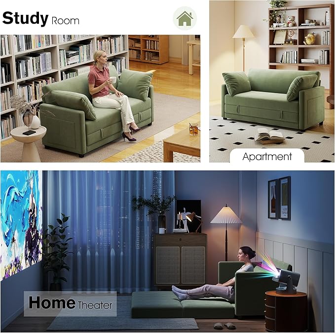 65 Loveseat Sleeper Sofa Bed Corduroy Convertible Sofa Bed for Small Spaces Folding Couch Bed with Deep Seat 2 Pillows &amp Solid Frame Pull Out Floor Couches for Living Room Green