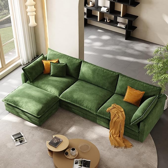 102'' Modular Sectional Sofa Green Couch Cloud Couches for Living Room L Shaped Couch with Movable Ottoman Modern Cloud Sectional Sofas for Bedroom and ApartmentGreen