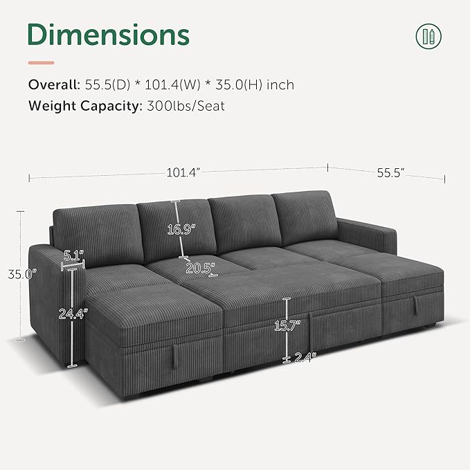 HONBAY Modular Sectional Sleeper Sofa Bed Corduroy Pull Out Couch with Storage Ottoman U Shaped Sectional Couches for Living Room Dark Grey