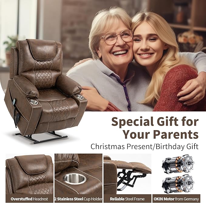 Large Power Lift Recliner Chair with Massage and Heat for Elderly Big and Tall People Dual Motor 180° Lay Flat Overstuffed Wide Leather Recliners with 2 Cup Holders Side Pocket