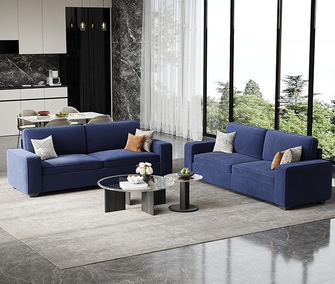 YOUDENOVA 2 Piece Loveseat Sofa Set 86 Couches for Living Room Corduroy Comfy Sofa with Extra Deep Seats Wide Armrest Removable Cover Easy Assembly Blue