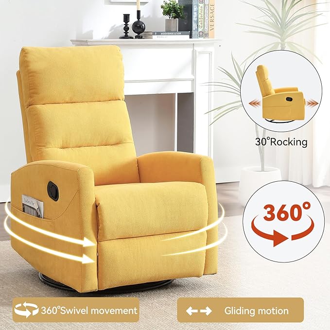 Swivel Rocking Recliner Chair Upholstered Glider Rocker with Adjustable Backrest and Footrest Modern Rocking Chair for Adults with 2 Pockets for Nursery Lounge Bedroom Living Room (Yellow)