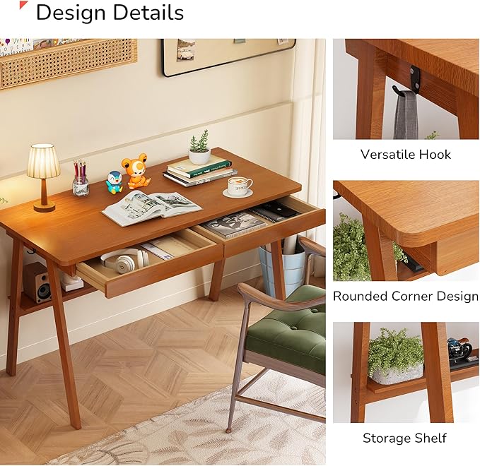 100% Solid Wood Writing Desk - 47.2 Mid Century Modern Desk Home Office Desks with 2 Drawers and Storage Shelf Small Computer Desks Study Makeup Workstation for Bedroom/Living Room Walnut