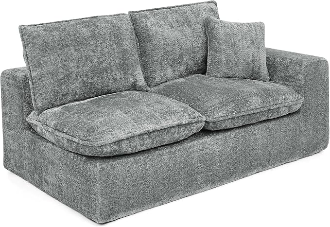 L-Shaped Boneless Modular Sectional Cloud Couches 6 Seat Modular Boucle Floor Foam Boneless Sofa Couch with Ottoman Headrest Pillows and Removable Cushions