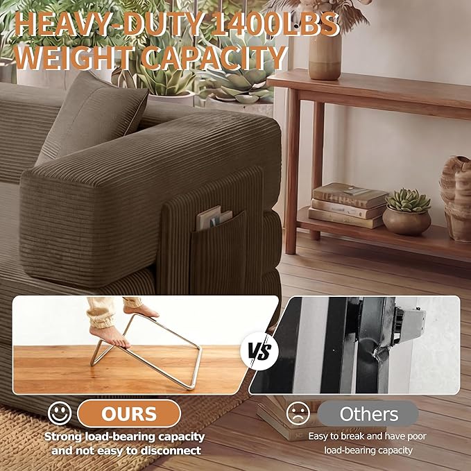 78.8 Convertible Sofa Bed with Armrest Pillow 4-in-1 Sleeper Couch Bed for Livingroom Modular Corduroy Boneless couches No Assembly (Brown)