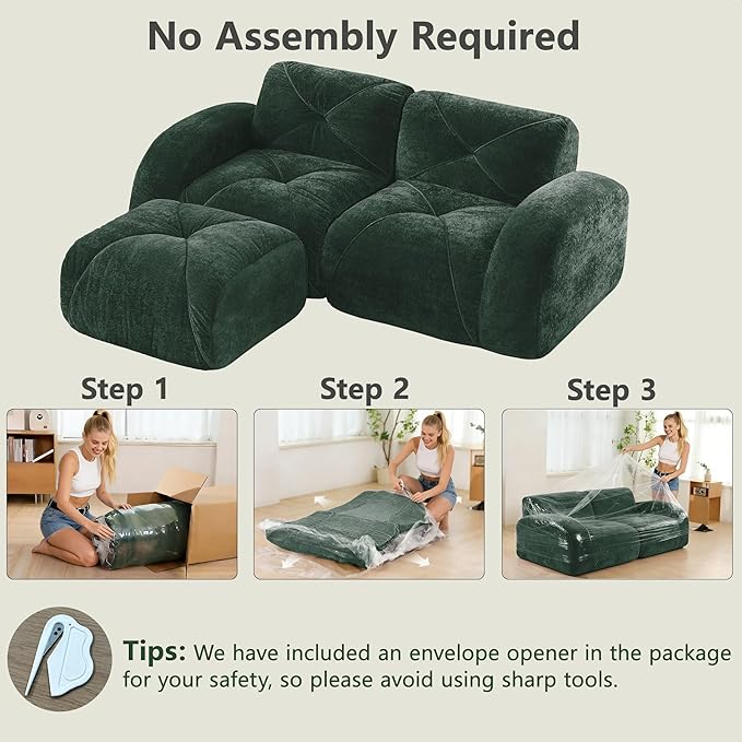 Boneless Couch Modular Sectional Sofa 80.3 Sectional Couches for Living Room Upholstered Cloud Couch Retro Velvet Floor Sofa with Ottoman Deep Seat Loveseat for BedroomGreen