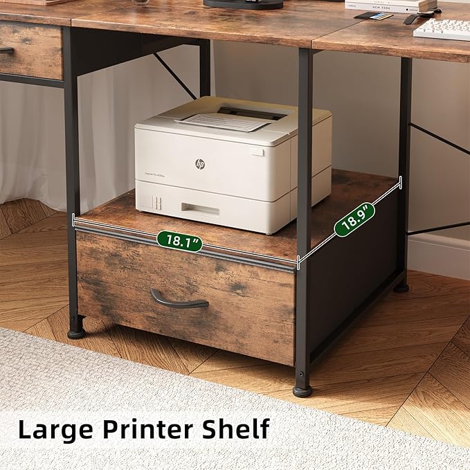L Shaped Computer Desk 78.7 Reversible Home Office Desk with Printer Storage Shelf &amp 3 Fabric Drawers Two Person Desk with LED Lights &amp Power Outlet Corner Gaming Desk with Monitor Shelf