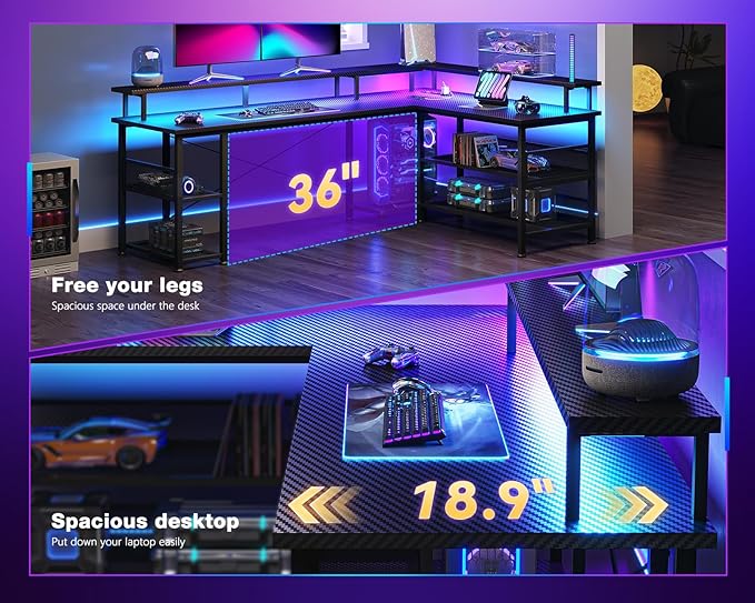 ODK 66 L Shaped Gaming Desk with Power Outlet and LED Lights PC Gaming Table with Carbon Fiber Texture Reversible L Shape Desk with Storage Shelves &amp Monitor Stand Home Office Desk Black