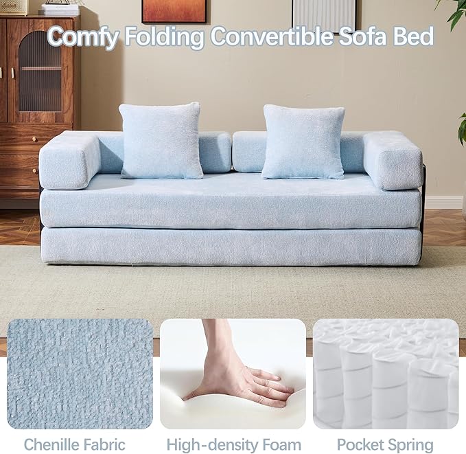 Folding Convertible Sofa Bed 4-in-1 Boneless Couch Sleeper Sofa 76.8'' Chenille Foldable Mattress Couch with Fixed-Shape Frame Floor Sofas Modular Futon Couches for Living Room Light Blue