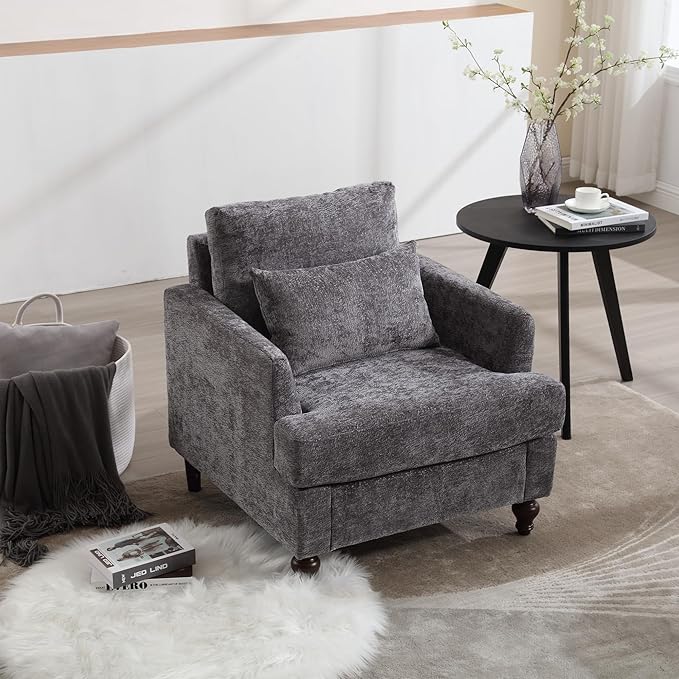 Mid Century Modern Accent ChairsChenille Upholstered Armchair with Rubber Wooden LegsComfy Reading Chairs with Scooped Arms for Living RoomBedroom (Gray)