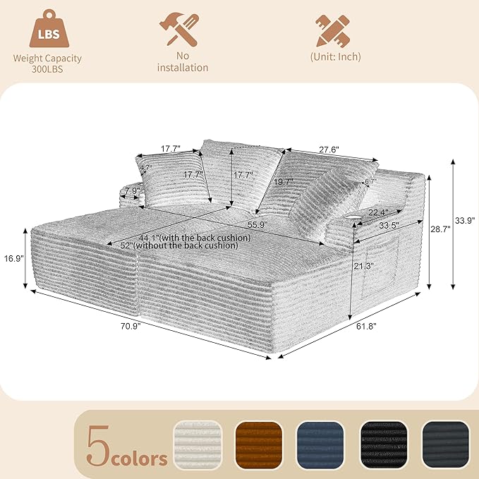 Double Chaise Lounge Sofa Boneless Cloud Couch Bed with Cup Holders and Side Pockets Comfy Deep Seat Sleeper Sectional Loveseat Chair for Living Room (Orange 2 Seat)