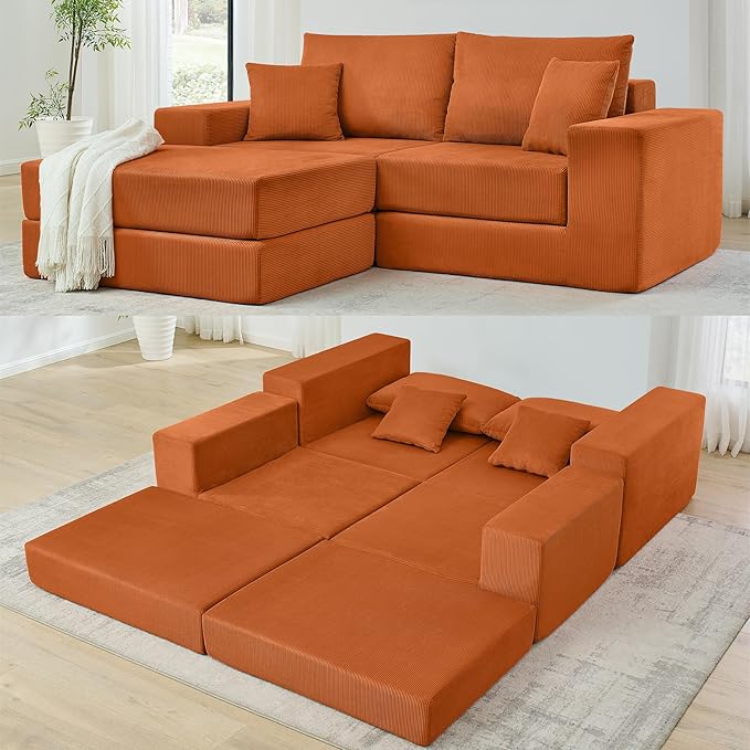 Boneless Couches for Living Room Modern Corduroy Couch Convertible Sleeper Sofa Folding Sofa Bed Mattress Couch for Bedroom Small Spaces - No Assembly Needed in Orange