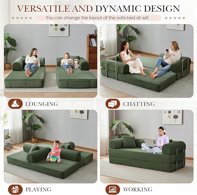 Antetek Modular Couch Bed Convertible Folding Plush Corduroy Comfy Floor Compression Loveseat Sleeper Sofa Couch King Size Bed for Guest Room Living Room Bedroom No Assembly Required Leaf Green