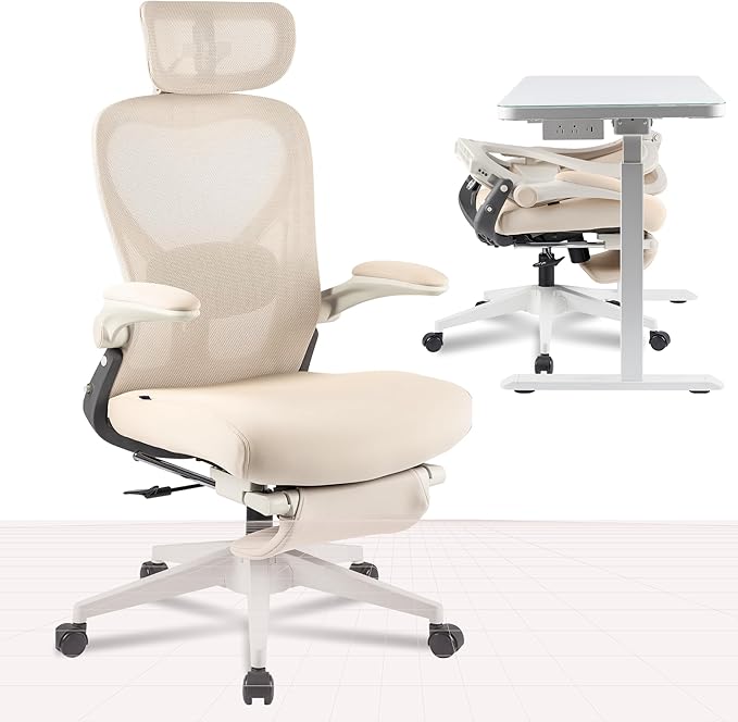 FLEXISPOT Foldex Office Folding Chair Ergonomic Chair for Small Spaces with Lumbar Support Flip-up Armrests 3D Headrest Desk Chairs with Footrest for WorkVideo Game Cream