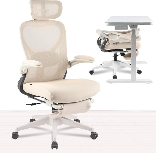 FLEXISPOT Foldex Office Folding Chair Ergonomic Chair for Small Spaces with Lumbar Support Flip-up Armrests 3D Headrest Desk Chairs with Footrest for WorkVideo Game Cream