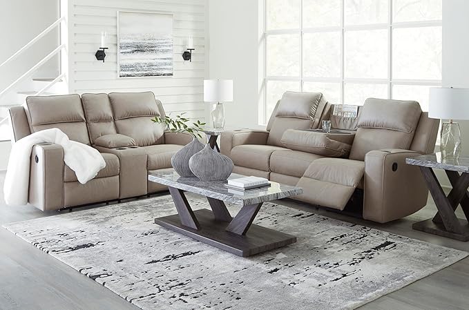 Signature Design by Ashley Lavenhorne Contemporary Faux Leather Manual Reclining Sofa with Drop Down Table Cup Holders and USB Ports Beige
